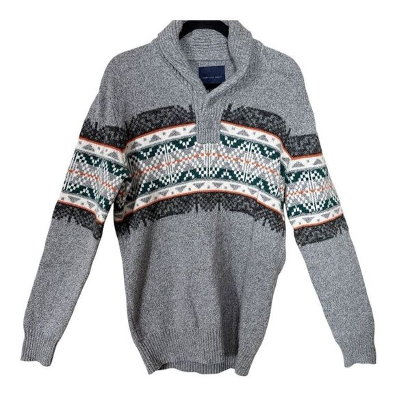 American Eagle Men’s Gray Fair Isle Grandpa Pullover Sweater Size Medium Tall - Picture 1 of 5
